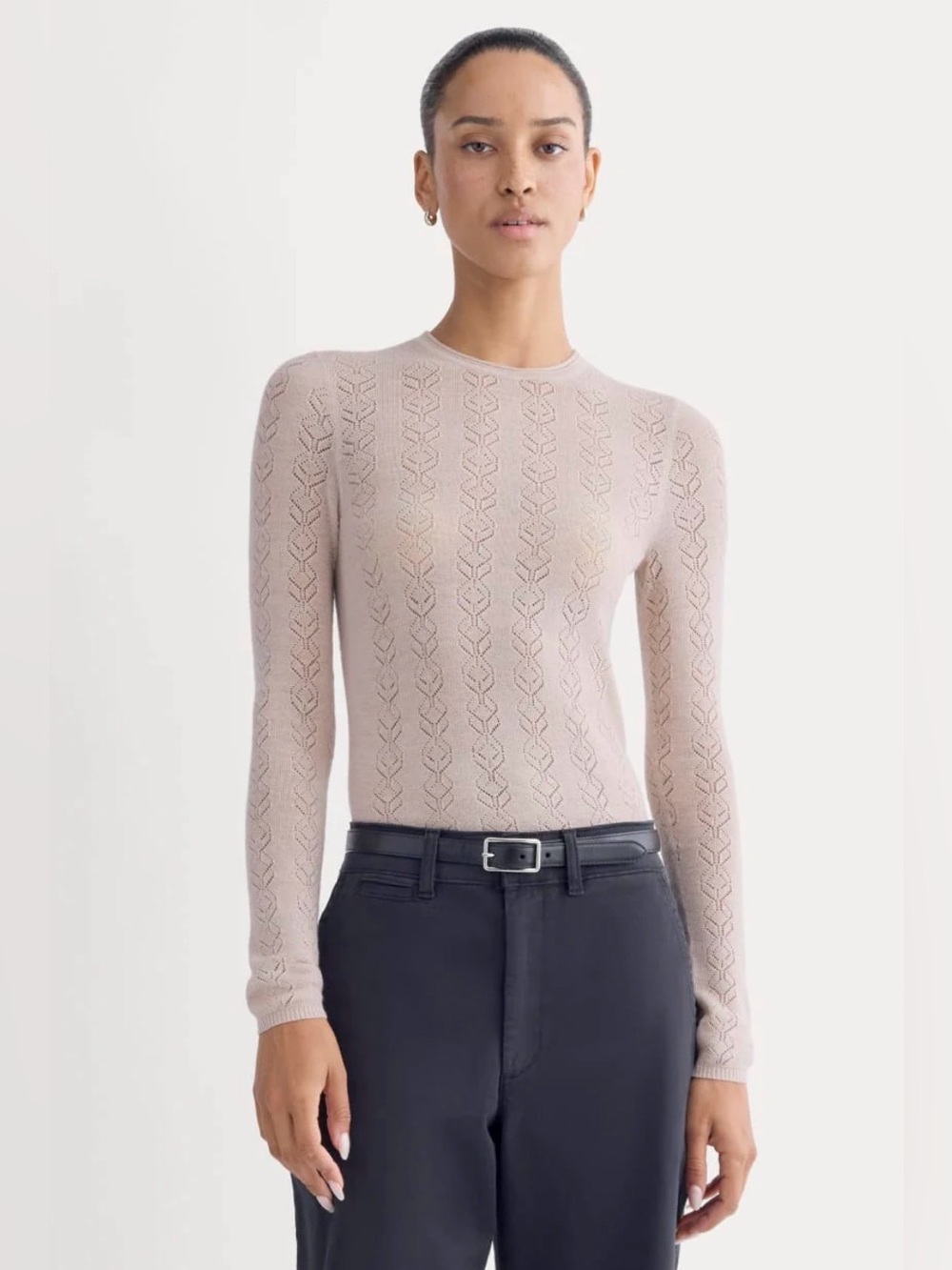 New Everlane THE POINTELLE CREW IN ULTRASOFT MERINO Pale Blush Size S